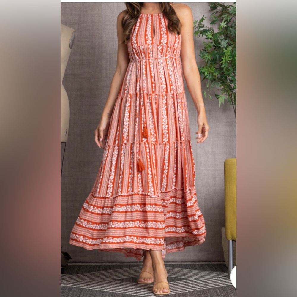 NWT Rust Tasseled Drawstring Halter Neck Maxi Dress with self Tie Boho